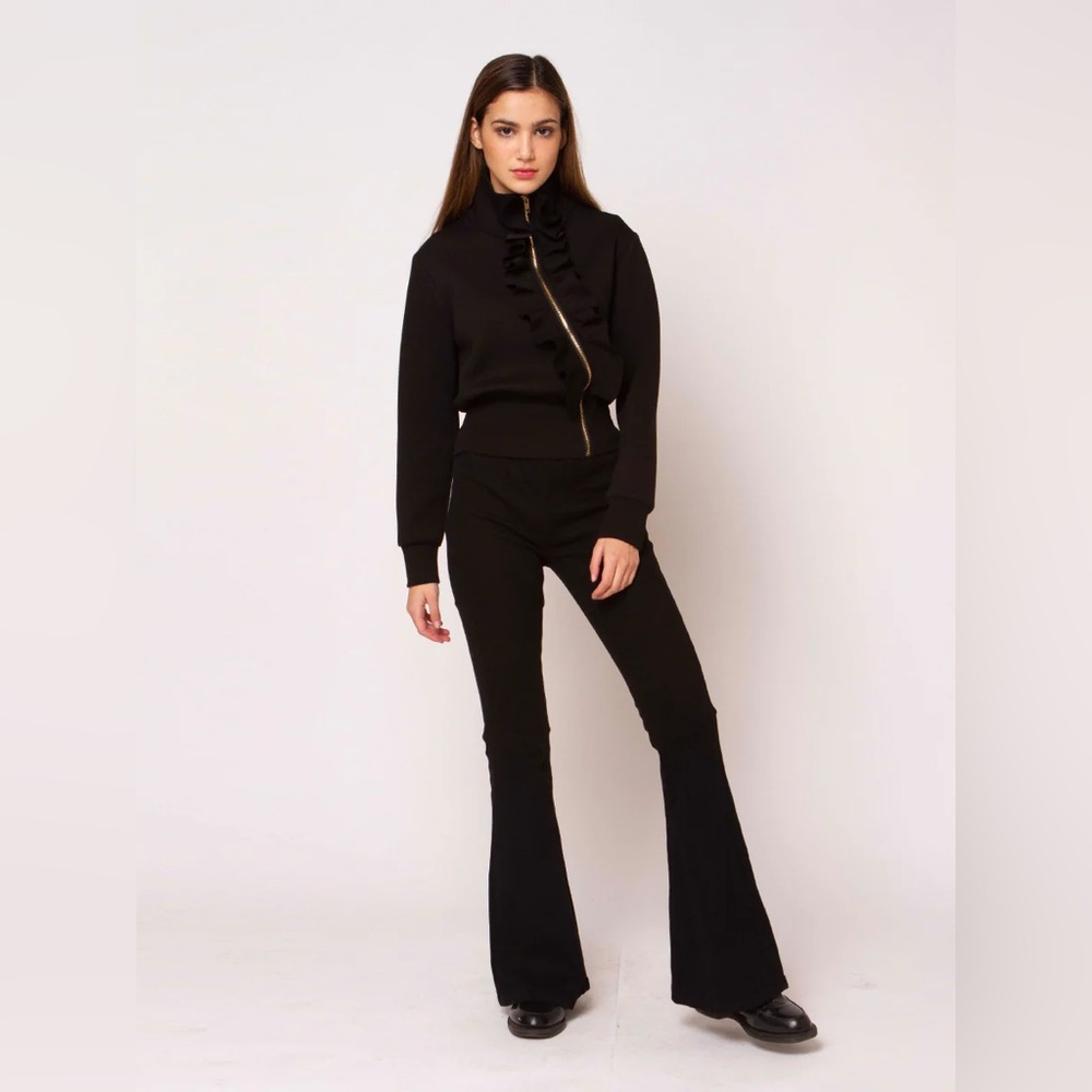Chic Black Ruffle Zip-Up Jacket - Picture 2 of 3